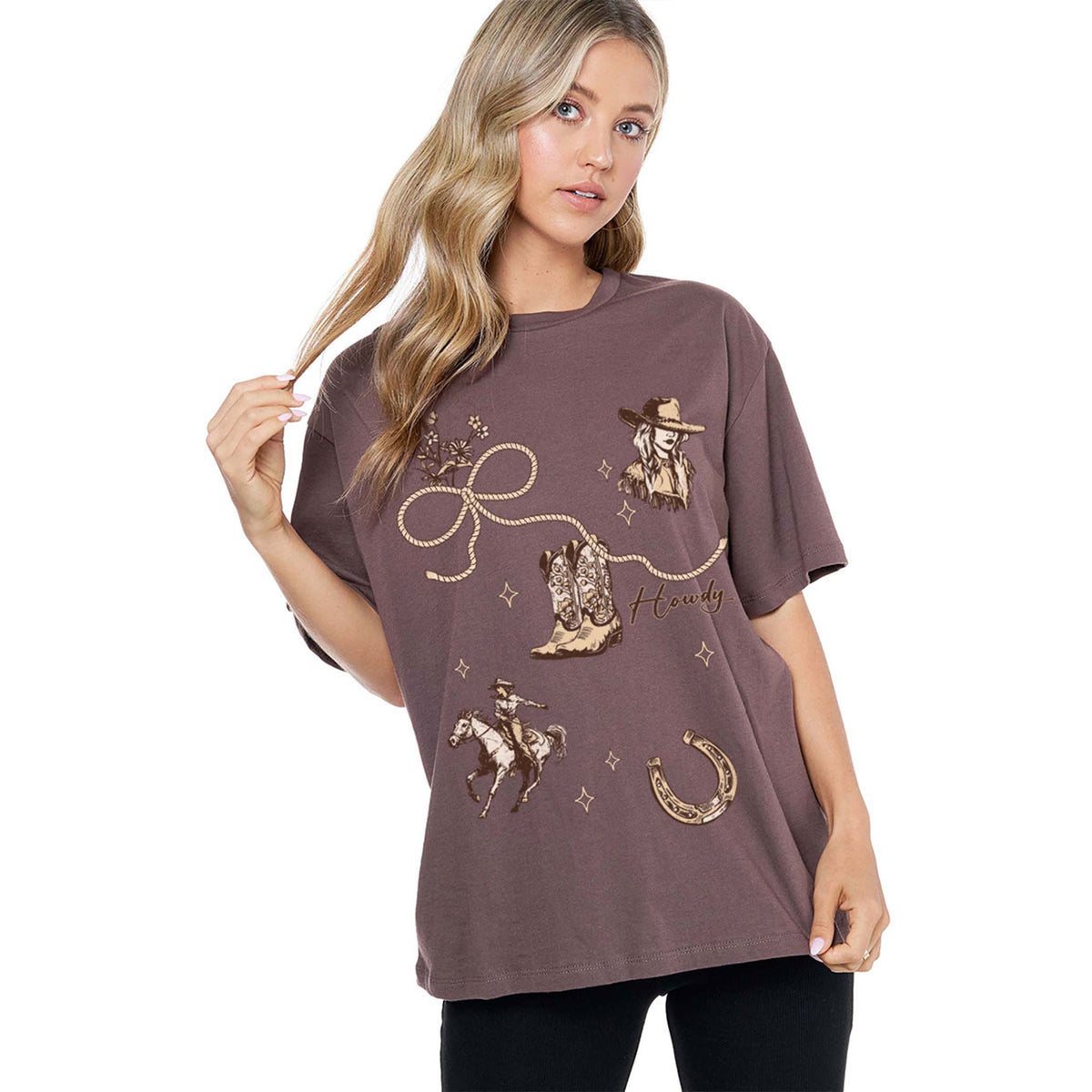 Zutter Cowgirl Collage Short Sleeve T-Shirt in brown Featuring a mix of Western-inspired illustrations 