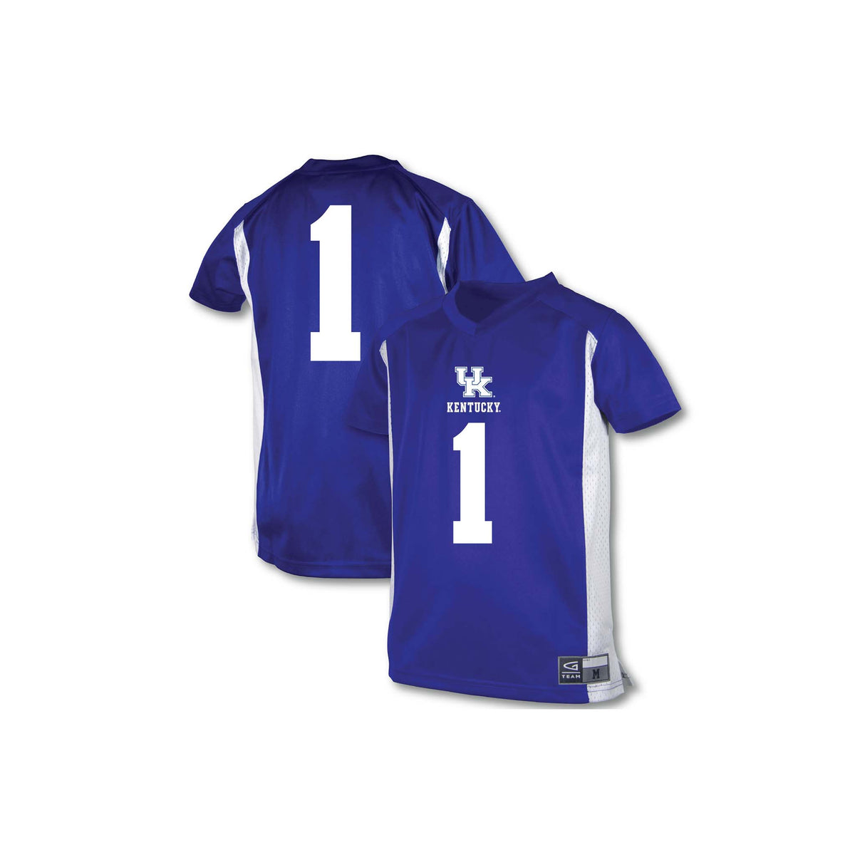 Royal blue Kentucky toddler jersey with white side panels, UK logo and “Kentucky” text on chest, and number “1” printed on front and back.