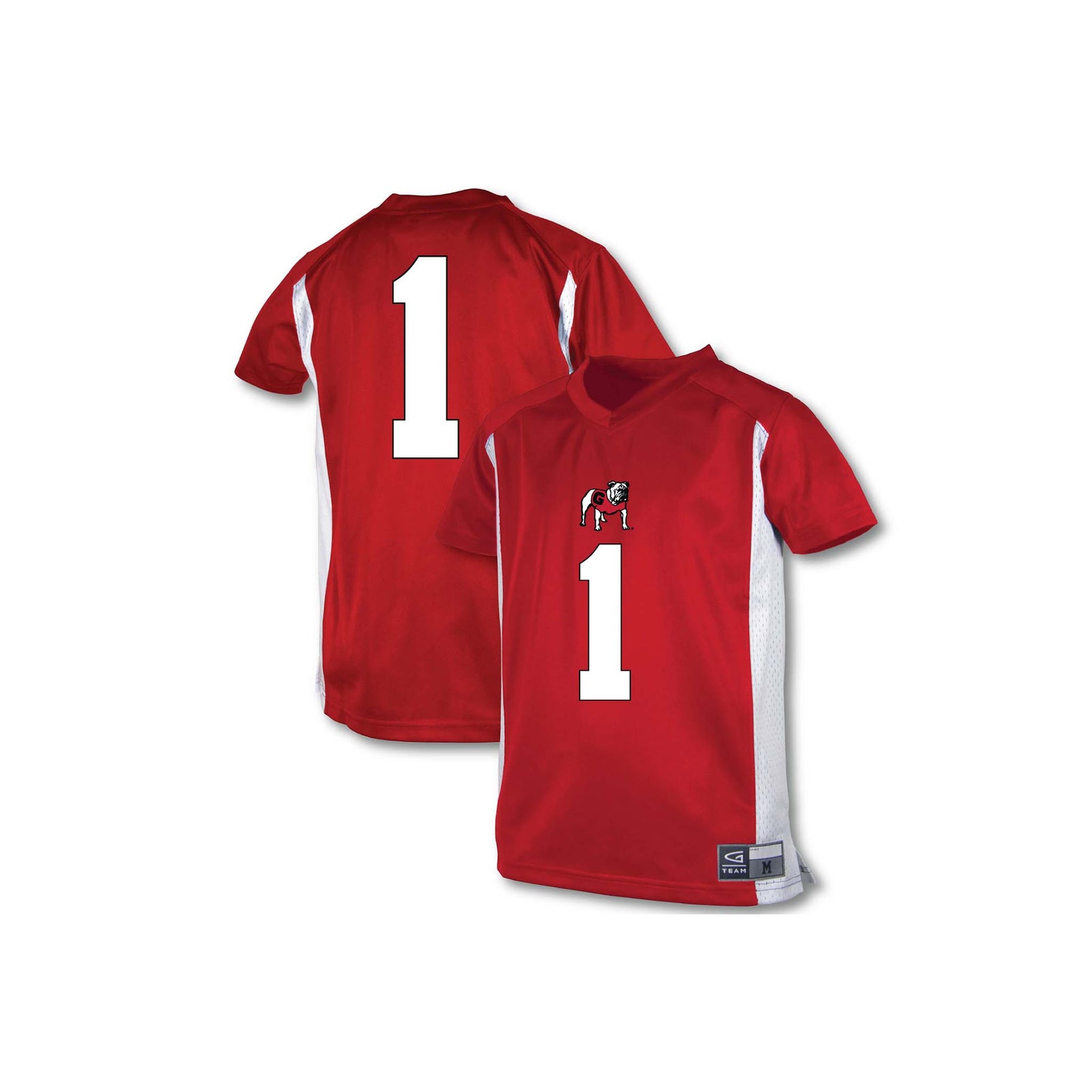 Front and back of Georgia Bulldogs toddler #1 jersey in red with white side panels and bulldog mascot on chest.