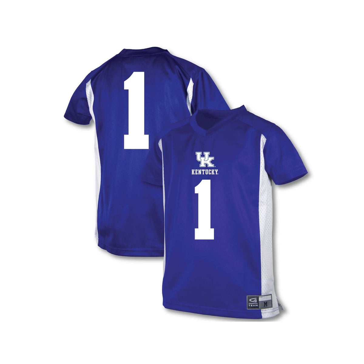 Royal blue Kentucky youth jersey with white side panels, UK logo and “Kentucky” text on chest, and number “1” printed on front and back.