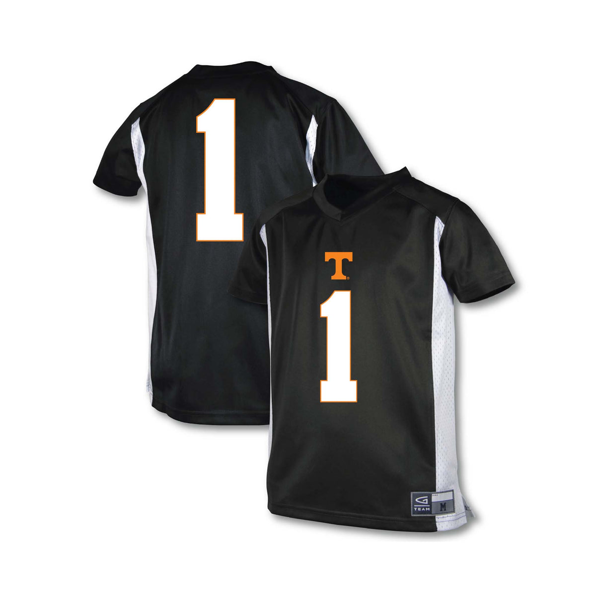 Front and back of Tennessee Volunteers youth #1 jersey in black with white side panels and Power T logo on chest.