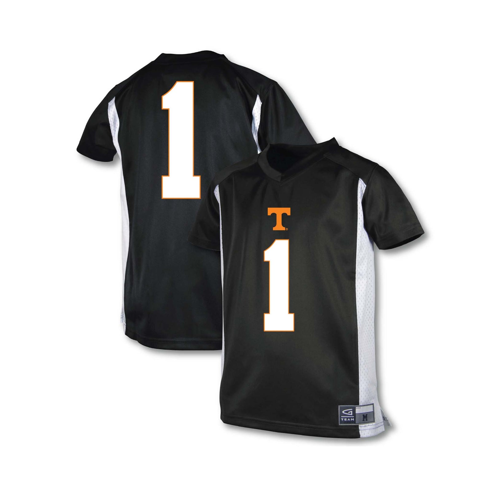 Front and back of Tennessee Volunteers youth #1 jersey in black with white side panels and Power T logo on chest.