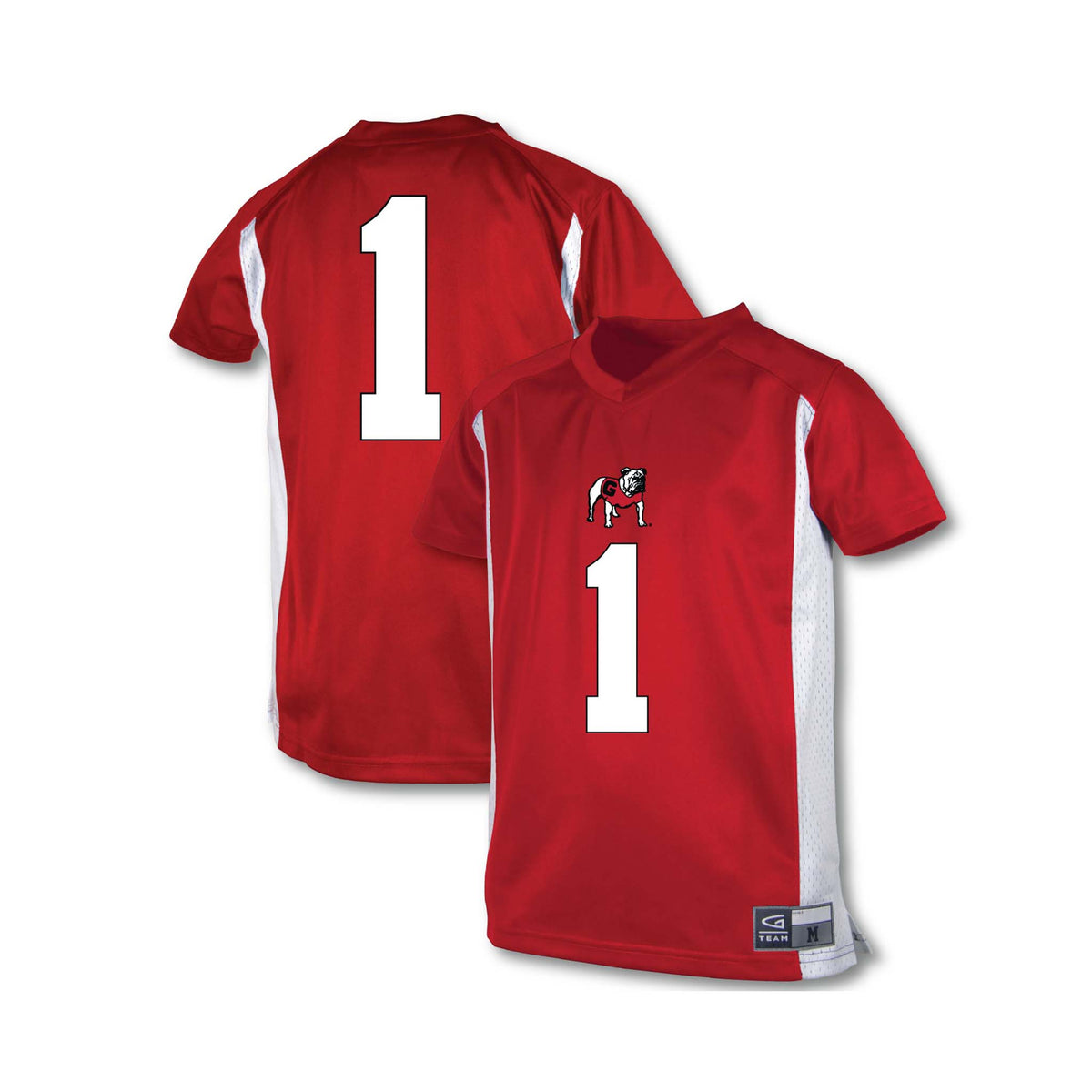 Front and back of Georgia Bulldogs youth #1 jersey in red with white side panels and bulldog mascot on chest.