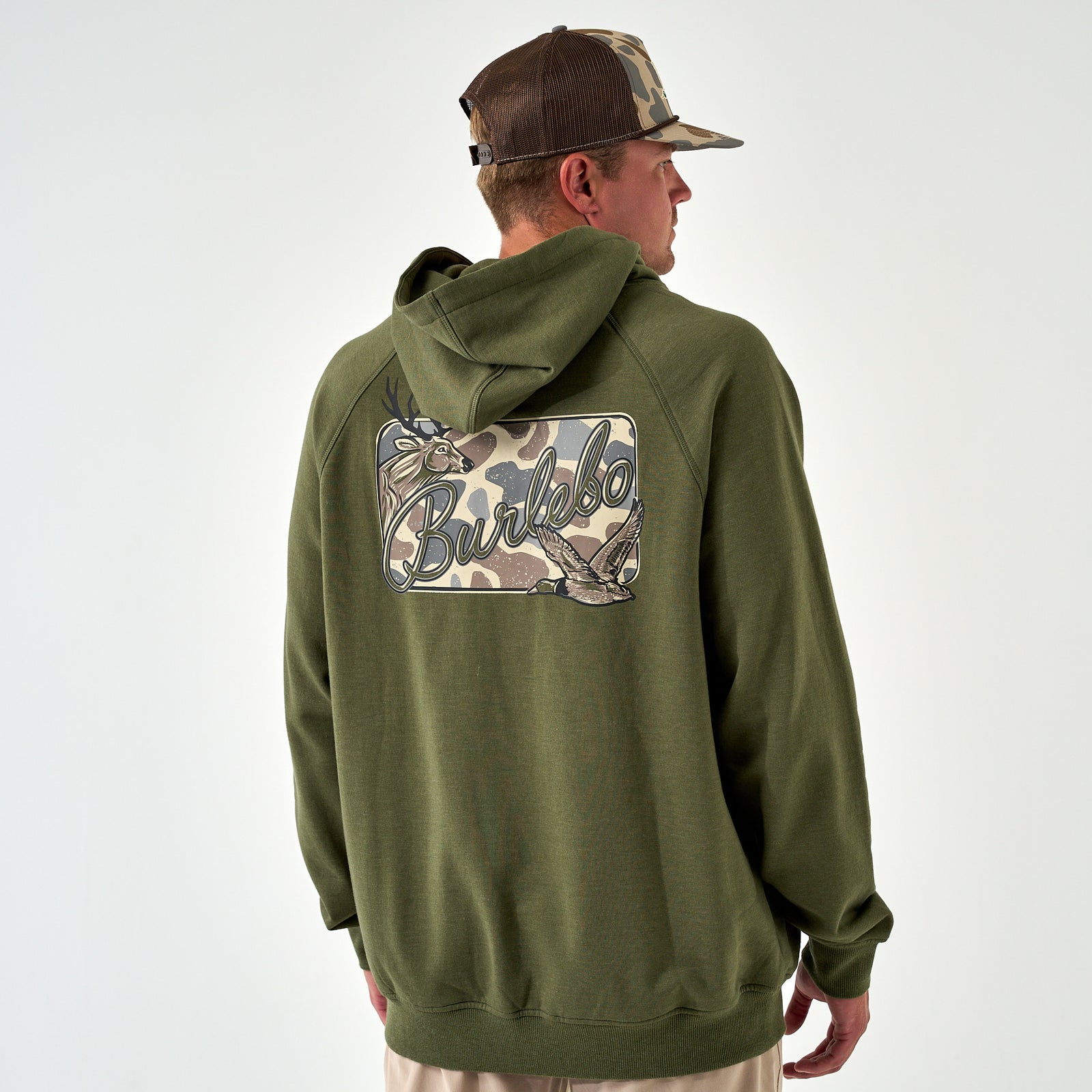 Olive green Burlebo hoodie with large camo deer and duck graphic logo across the back.