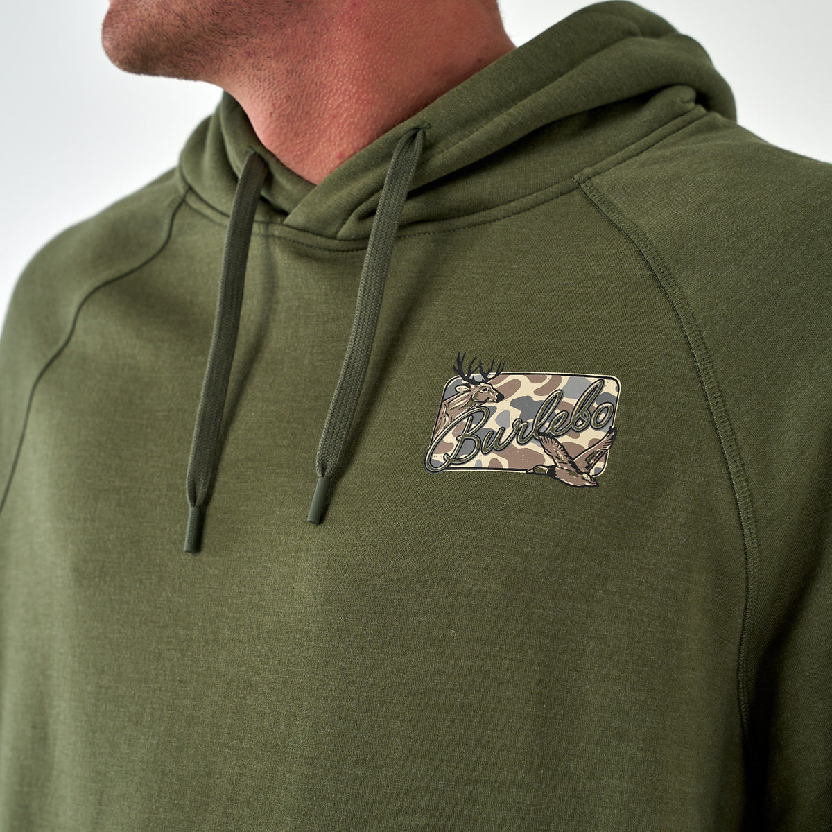 Olive green Burlebo hoodie with camo deer and duck logo patch on left chest and drawstring hood.