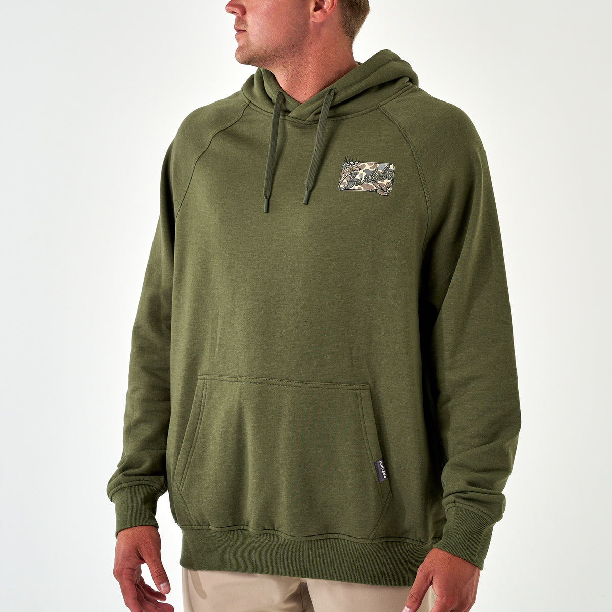 Men’s olive green Burlebo hoodie with camo deer and duck logo patch, drawstring hood, and kangaroo pocket.