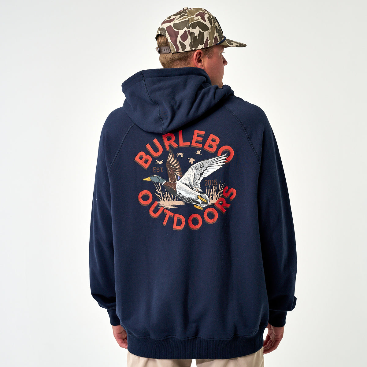 Burlebo Outdoors navy hoodie with small chest graphic of a flying duck inside a red circular "Burlebo Outdoors" logo.
