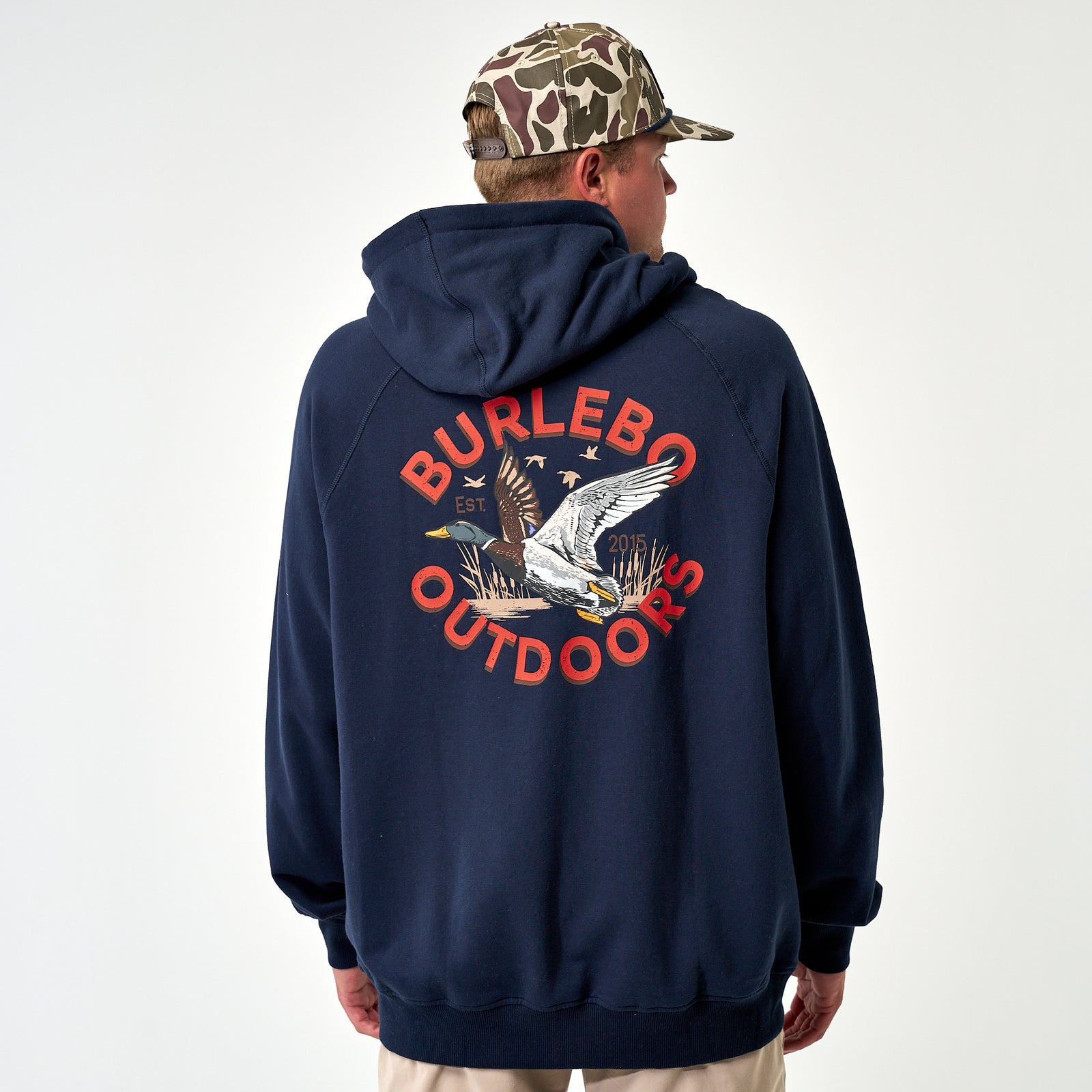 Burlebo Outdoors navy hoodie with small chest graphic of a flying duck inside a red circular "Burlebo Outdoors" logo.