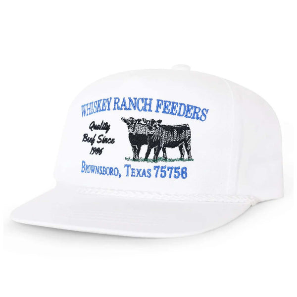 Front view of the Whiskey Bent Hat Company Feeders Rope Hat featuring a 5-panel design with a structured 4-inch crown, rope detail above the brim, and classic front panel with visible stitching.