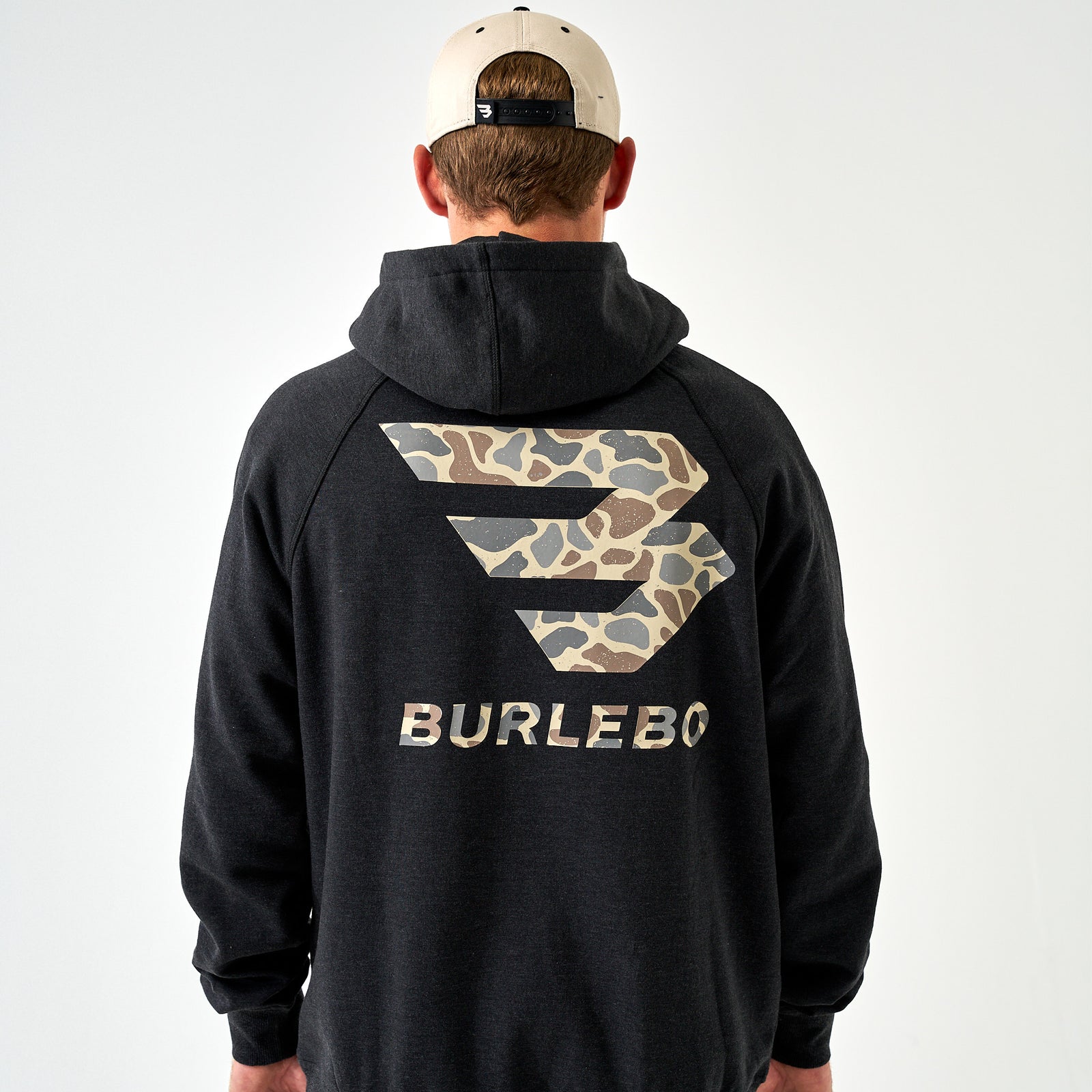 Burlebo black hoodie back view featuring oversized camo “B” logo and Burlebo text across the upper back.