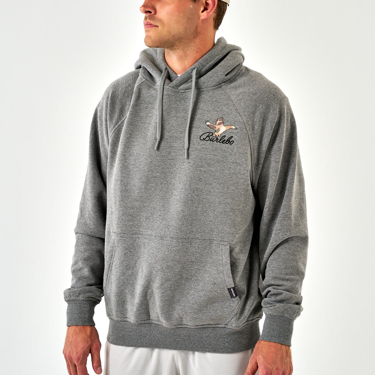 Burlebo gray hoodie with flying duck graphic and Burlebo script on left chest, shown on a model facing forward.
