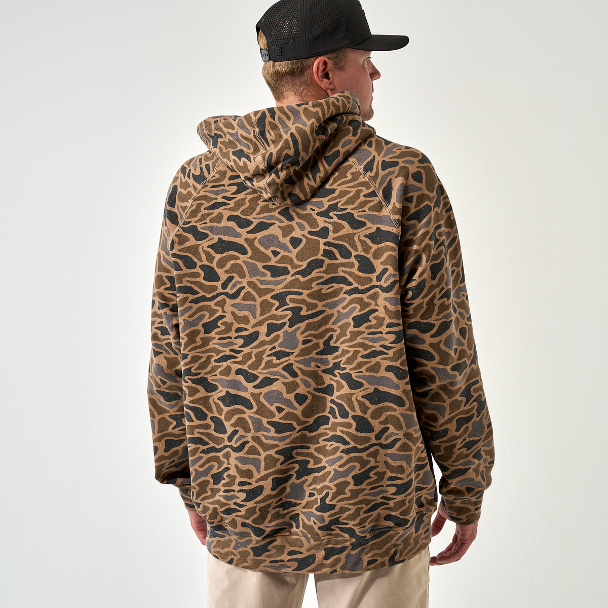 Burlebo brown camo hoodie back view, featuring allover camouflage print and attached hood.