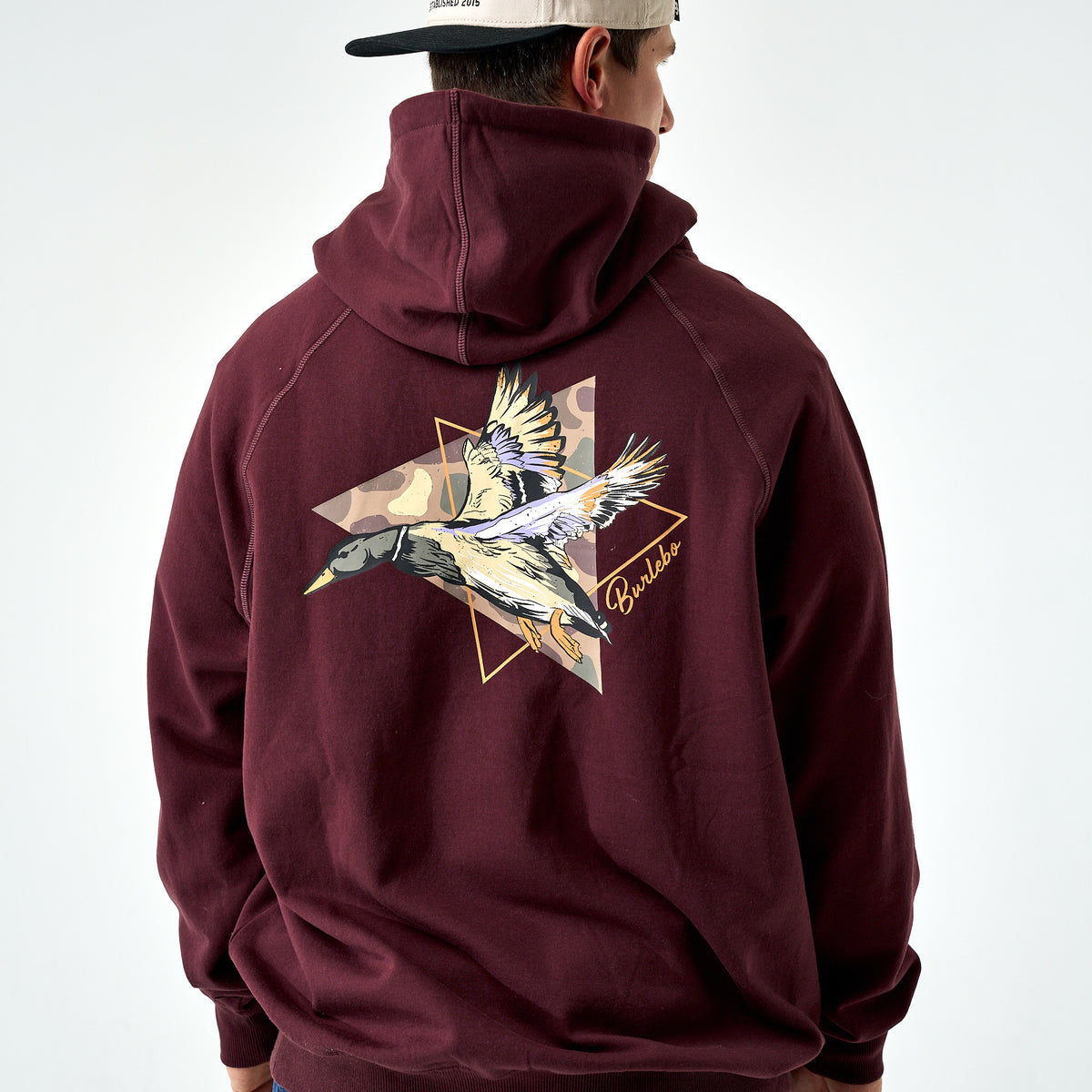 Back view of maroon Burlebo hoodie with large star design featuring a flying duck graphic and Burlebo logo.