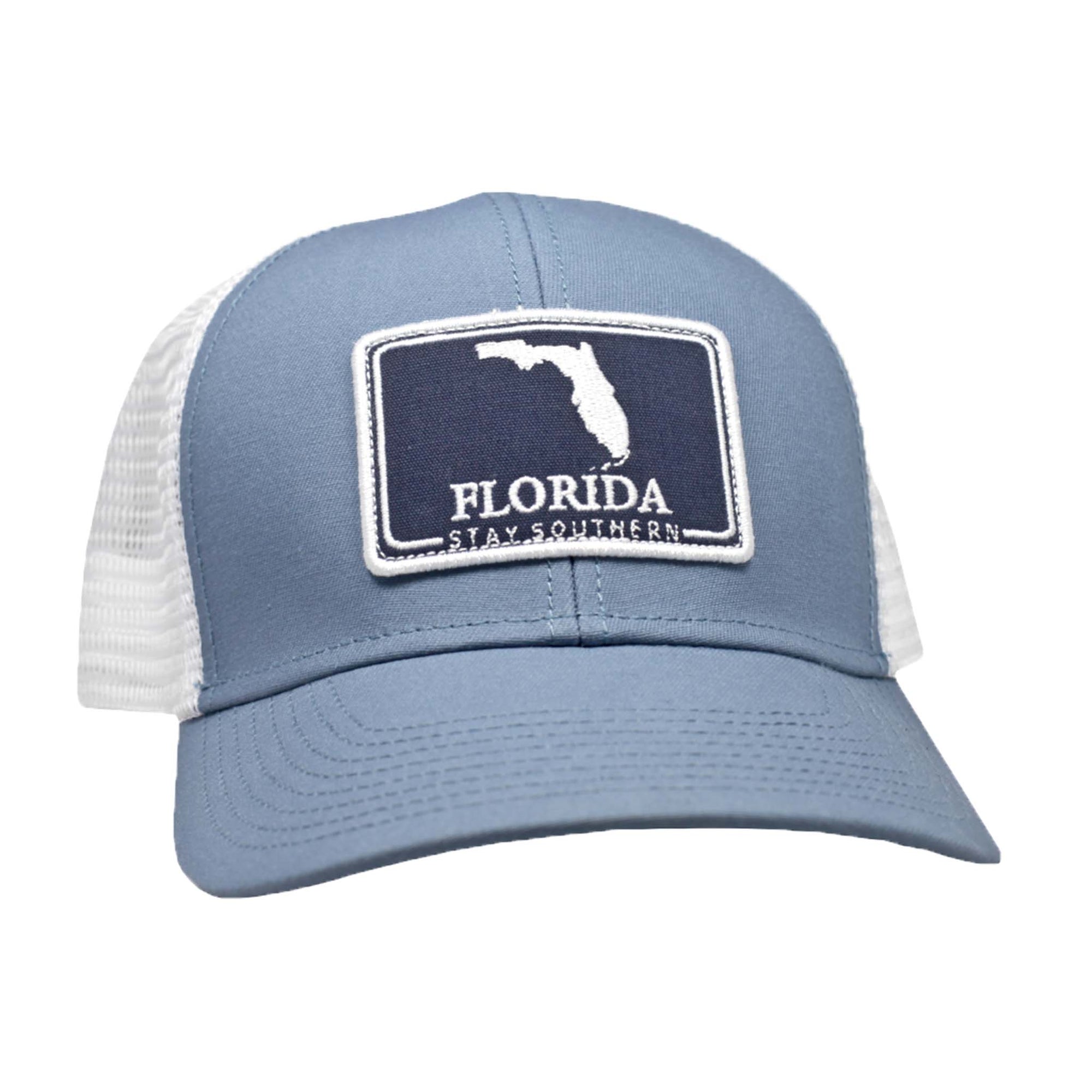 Florida Mesh Back Trucker Hat in Lake Blue with navy patch by Peach State Pride Hats