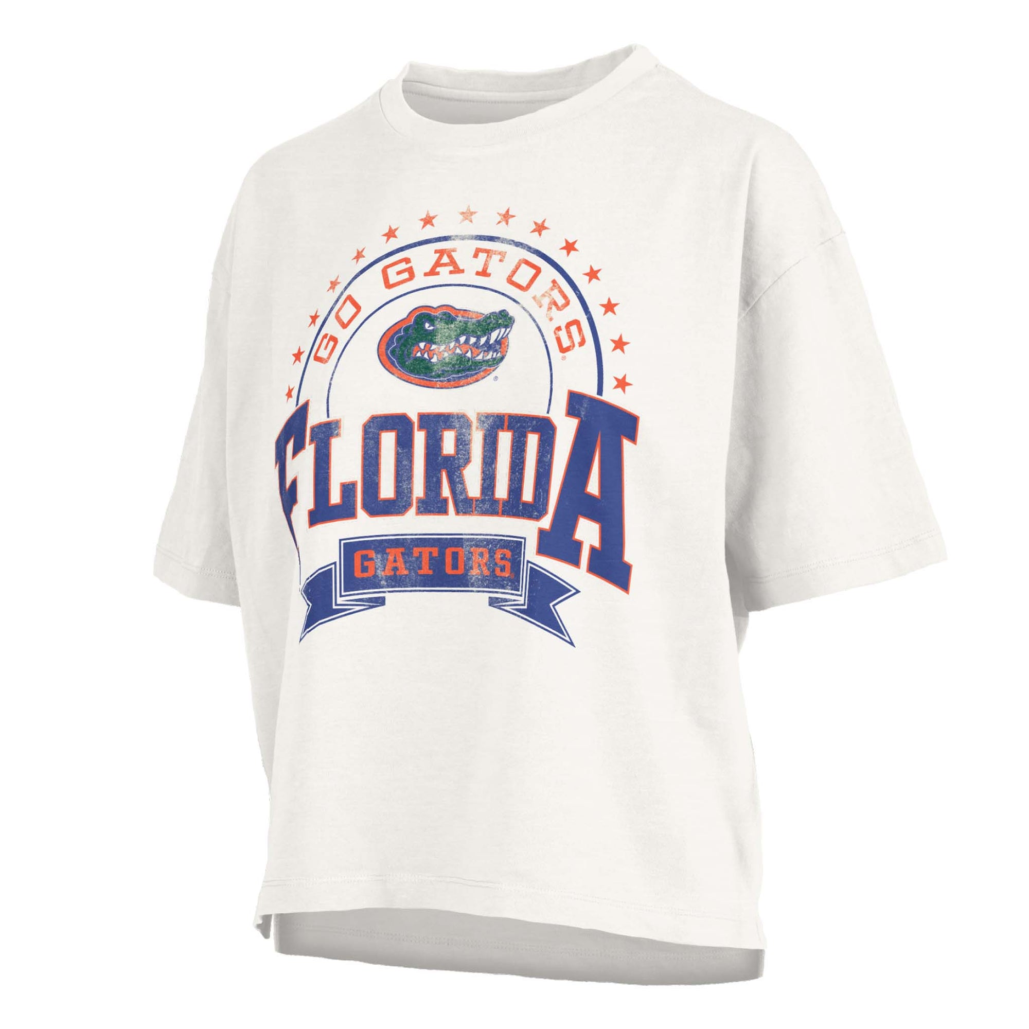 White cropped Florida Gators t-shirt with bold Florida text, Gators logo, and “Go Gators” design on the front.