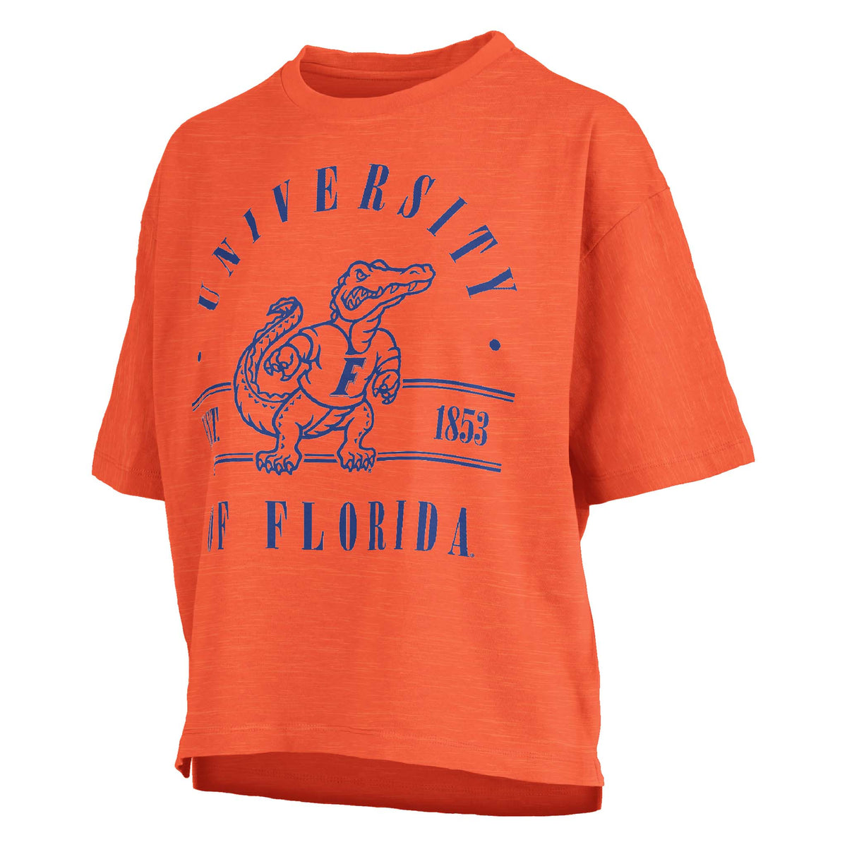 Orange short sleeve crop tee with retro Florida gator mascot and “University of Florida 1853” text.
