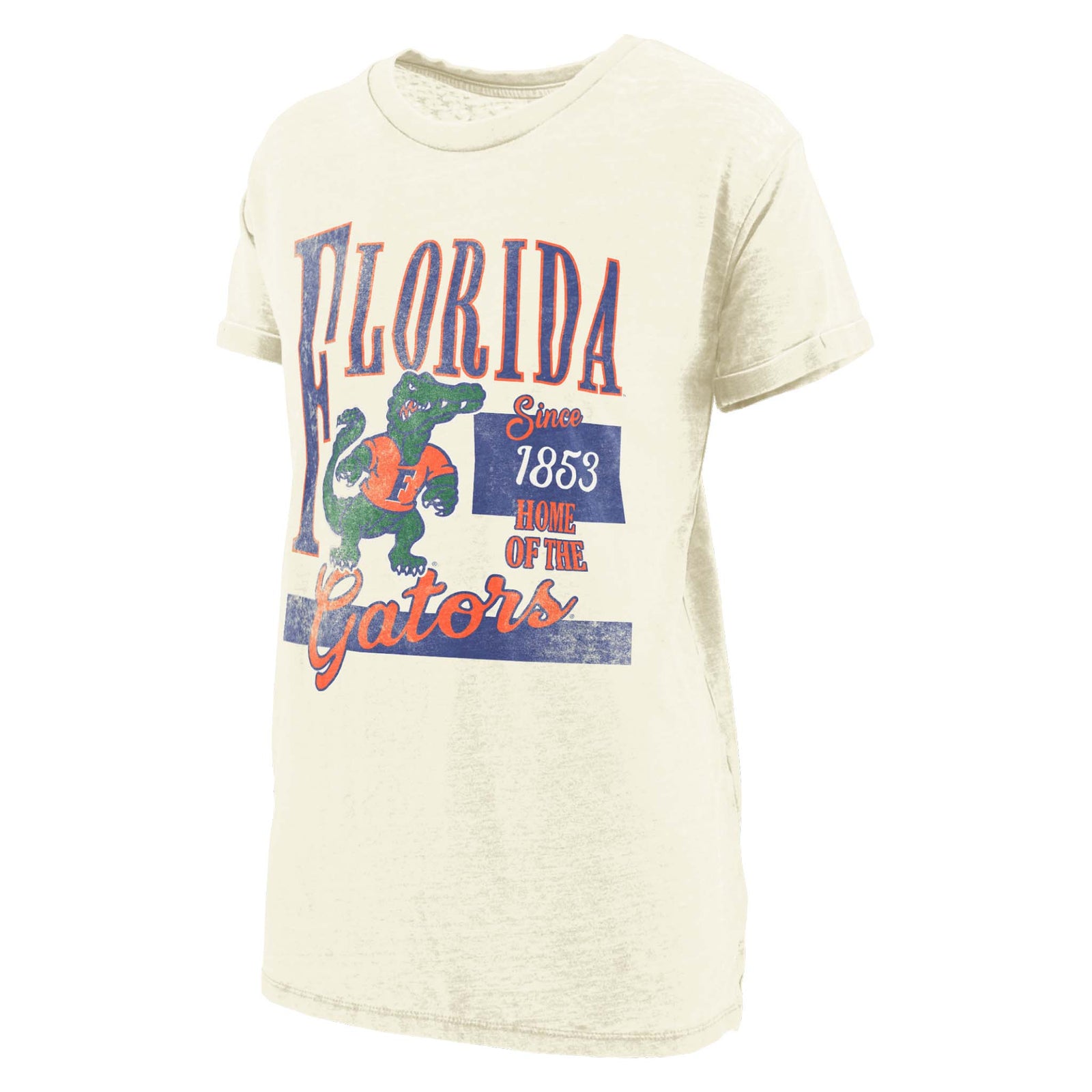 Ivory short sleeve tee with vintage Florida Gators mascot graphic and "Since 1853, Home of the Gators" text.