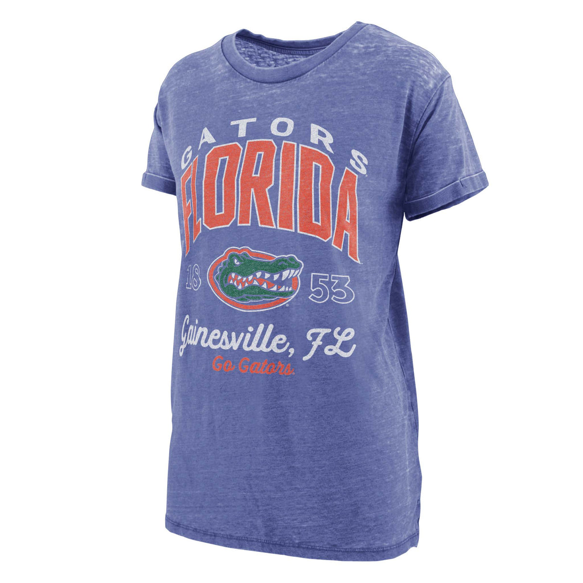 Royal blue Florida Gators vintage graphic t-shirt with Gators logo, bold Florida text, and “Gainesville, FL Go Gators” design.