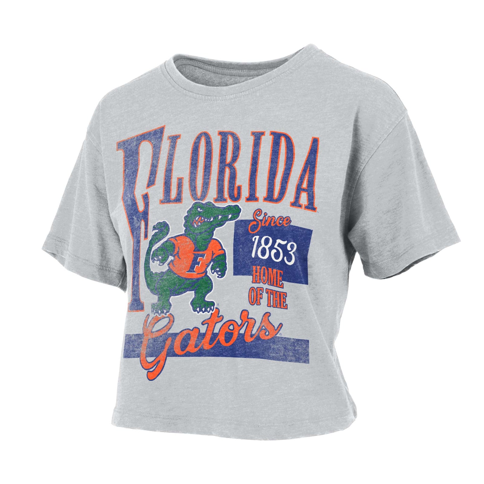 Light grey cropped Florida Gators t-shirt with retro Albert the Alligator mascot, oversized Florida text, and “Since 1853 Home of the Gators” design.