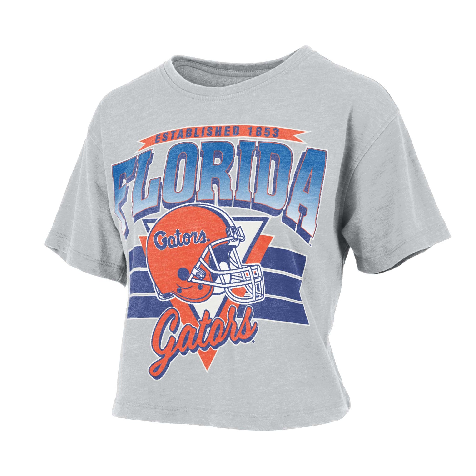 Light grey cropped Florida Gators t-shirt with bold Florida text, orange football helmet graphic, and “Established 1853” design.