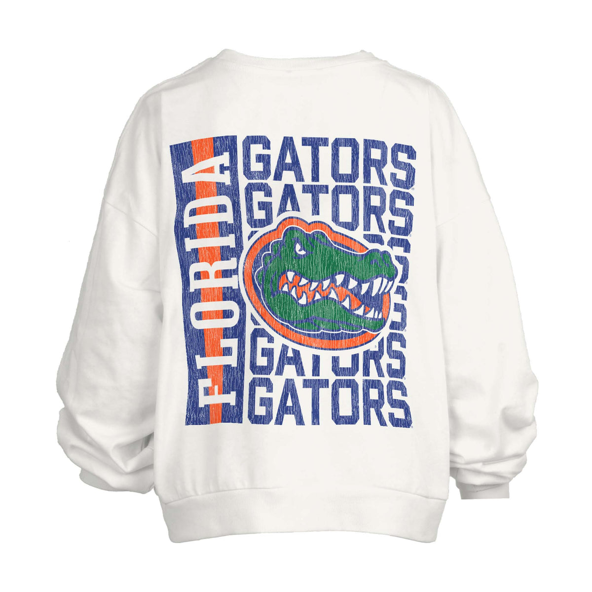White Florida Gators sweatshirt back with large orange and blue gator head logo and repeating "Gators" text.