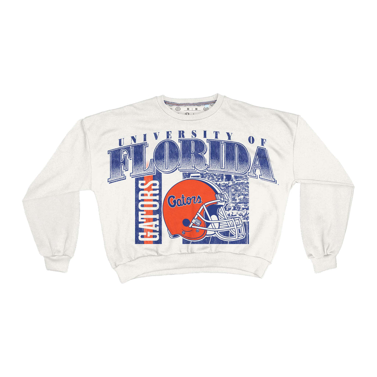 White Florida Gators sweatshirt front with bold "University of Florida" text, orange helmet graphic, and stadium background design.