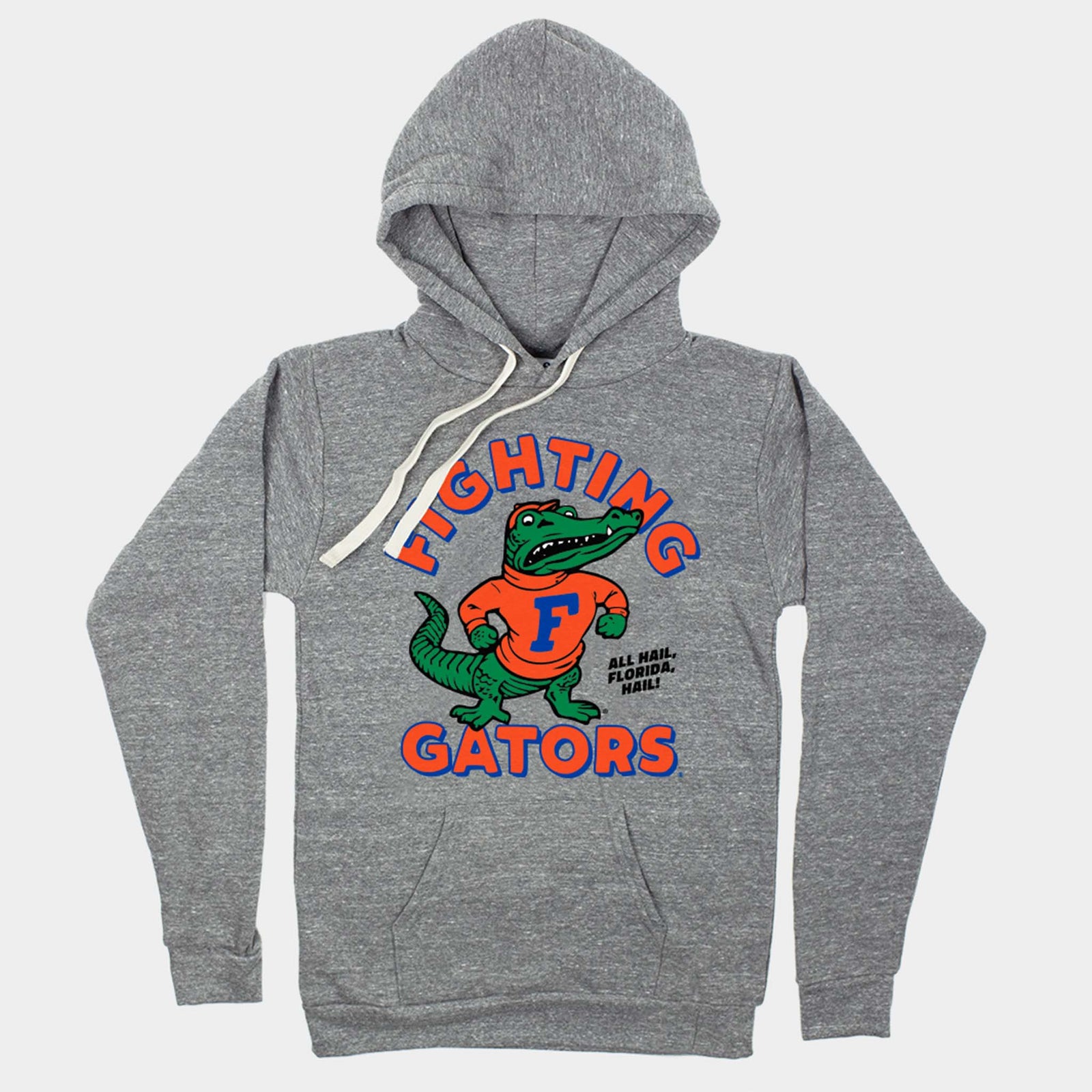 Heather grey Florida Gators hoodie with retro Fighting Gators mascot graphic, “Fighting Gators” text in blue and orange, and “All Hail, Florida, Hail!” slogan.
