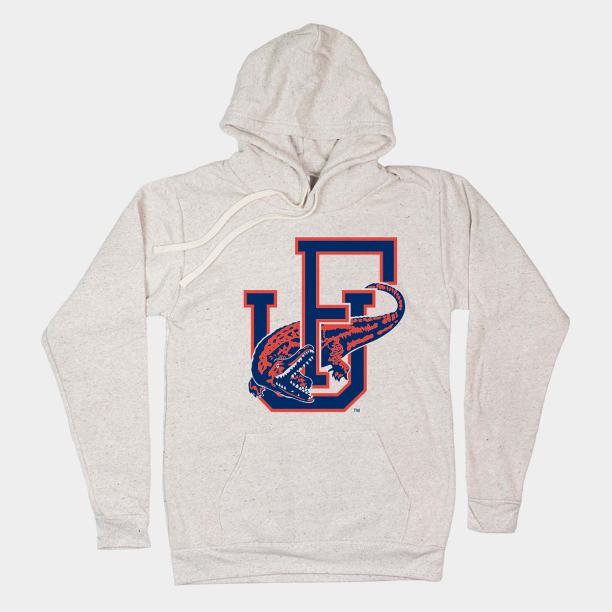 Oatmeal University of Florida hoodie with interlocking “UF” logo and bold alligator graphic in blue and orange.