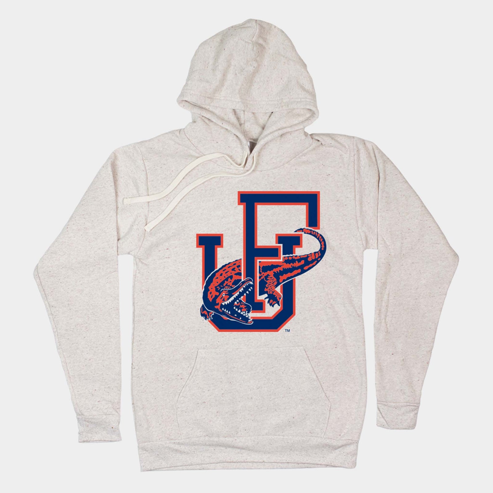 Oatmeal University of Florida hoodie with interlocking “UF” logo and bold alligator graphic in blue and orange.