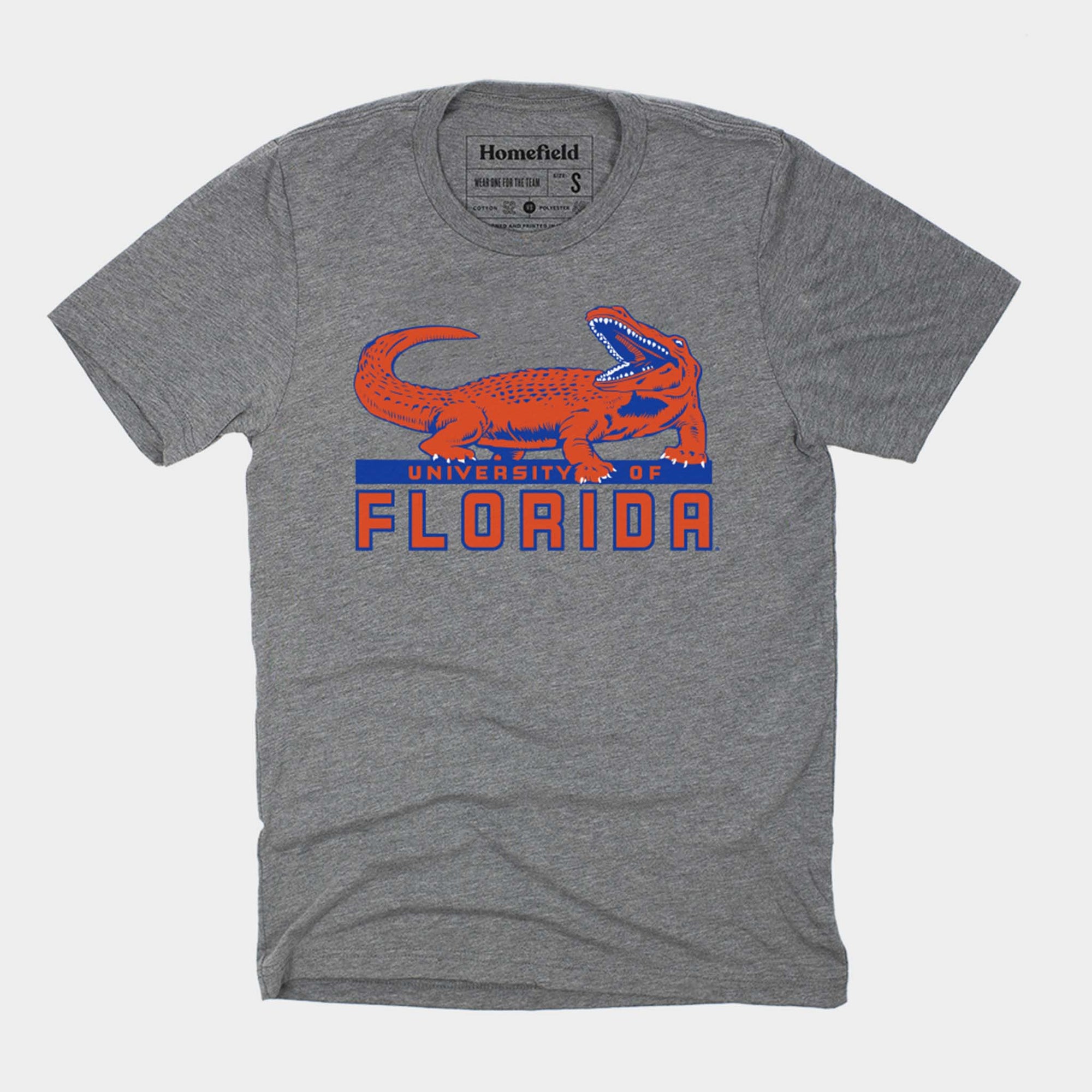 Grey University of Florida t-shirt with orange alligator graphic and bold “Florida” text in blue and orange.