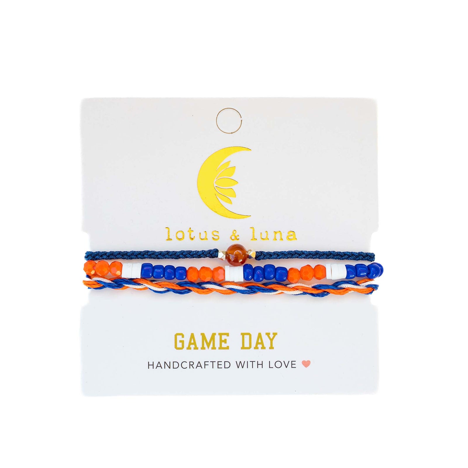 Lotus & Luna bracelet set in orange, blue, and white, with beaded center and twisted cord design on card labeled “Game Day.”