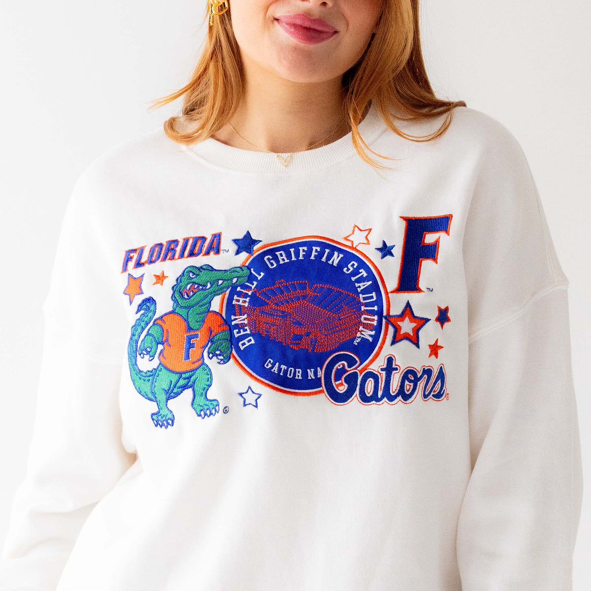 Close-up of embroidered design on white Florida Gators crewneck featuring mascot, stadium patch, letter “F,” and star accents.