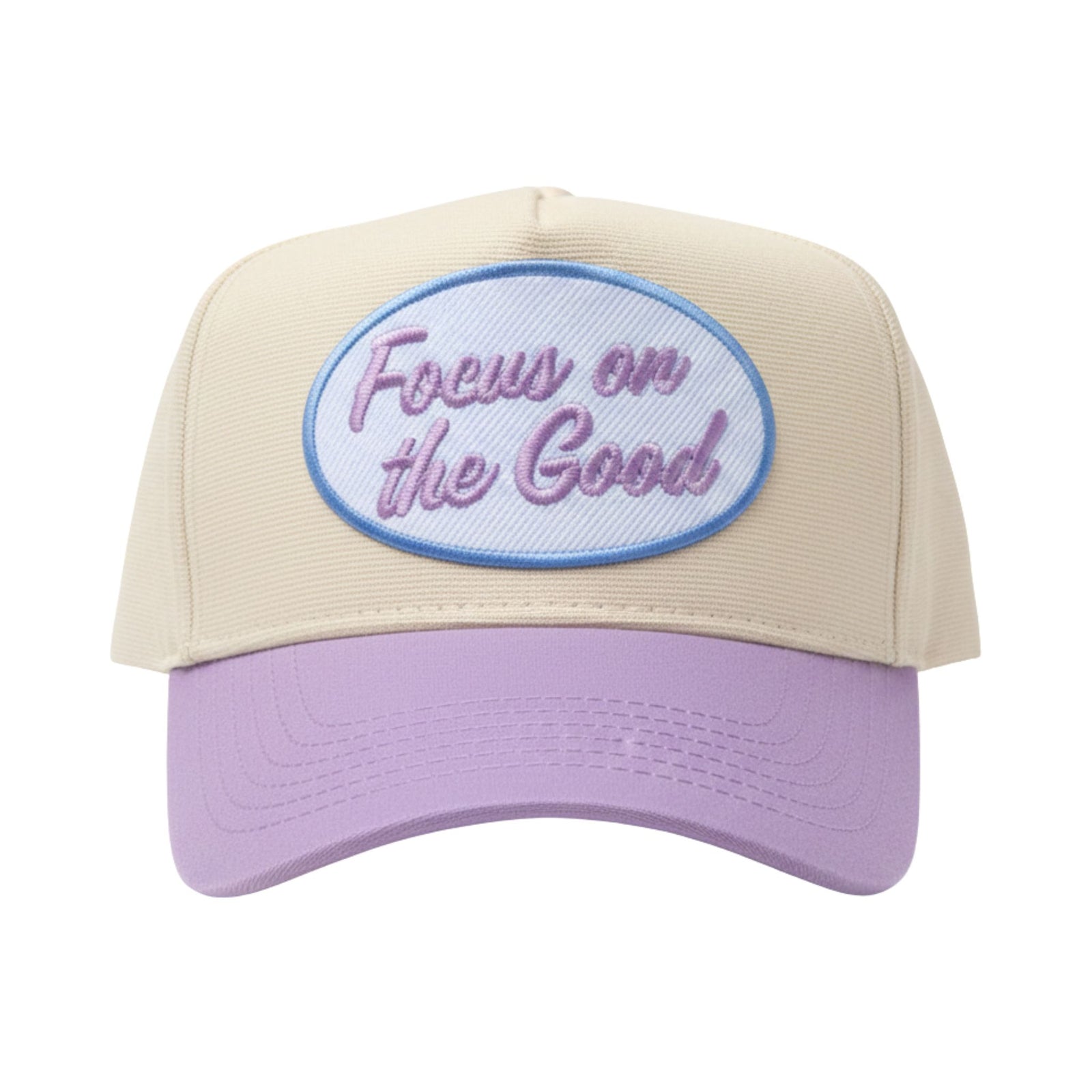 KenzKustomz Focus on the Good trucker hat with cream crown, lilac brim, and oval embroidered patch reading “Focus on the Good.”