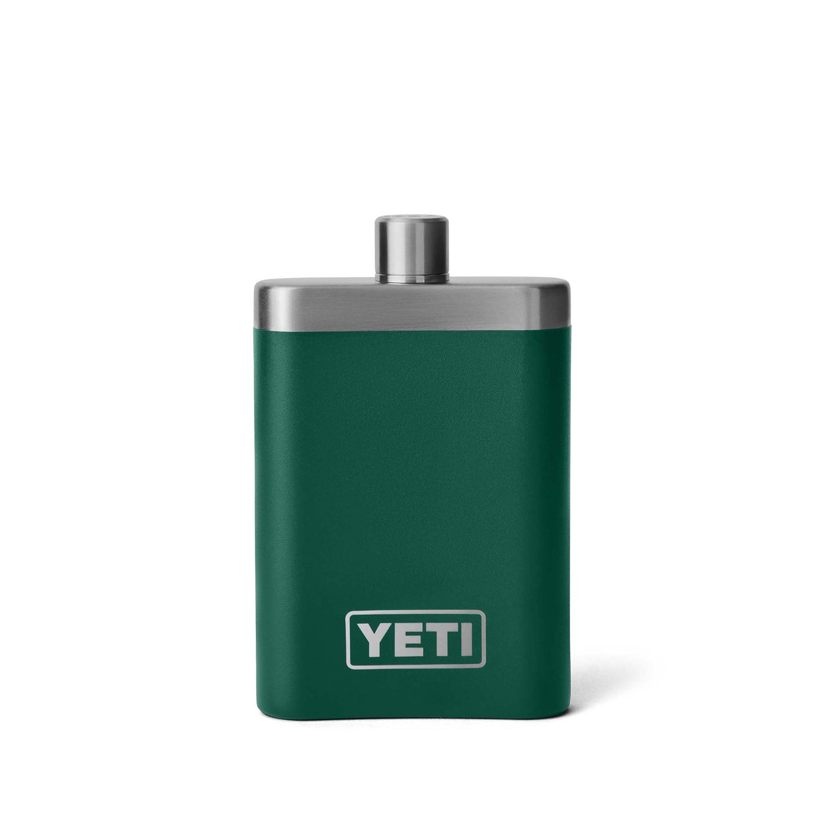 YETI Flask in Black Forest Green, front view with stainless steel cap and YETI logo near base.