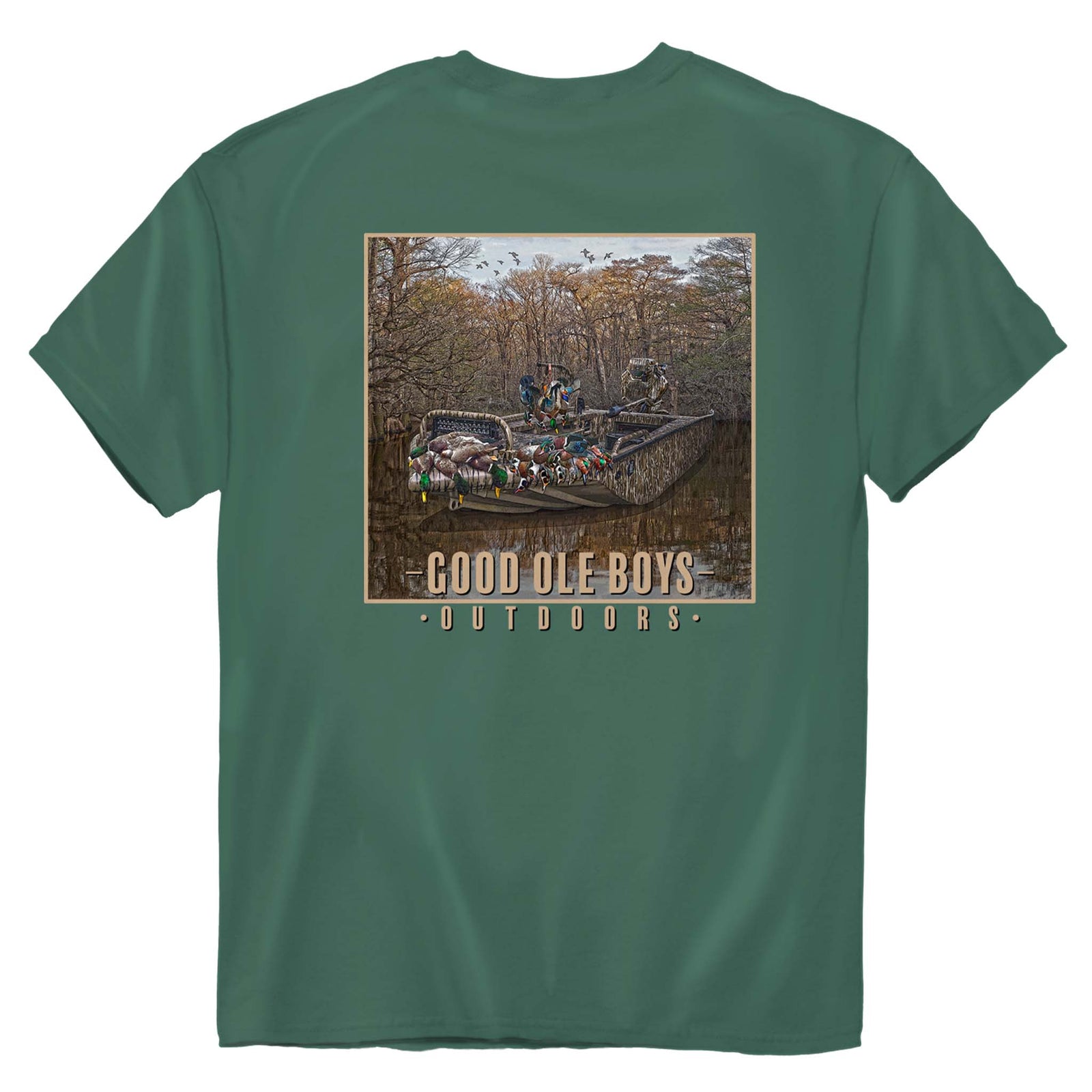 Good Ole Boys Outdoors green short sleeve t-shirt with a detailed graphic of hunters and ducks in a camo jon boat surrounded by trees and water.