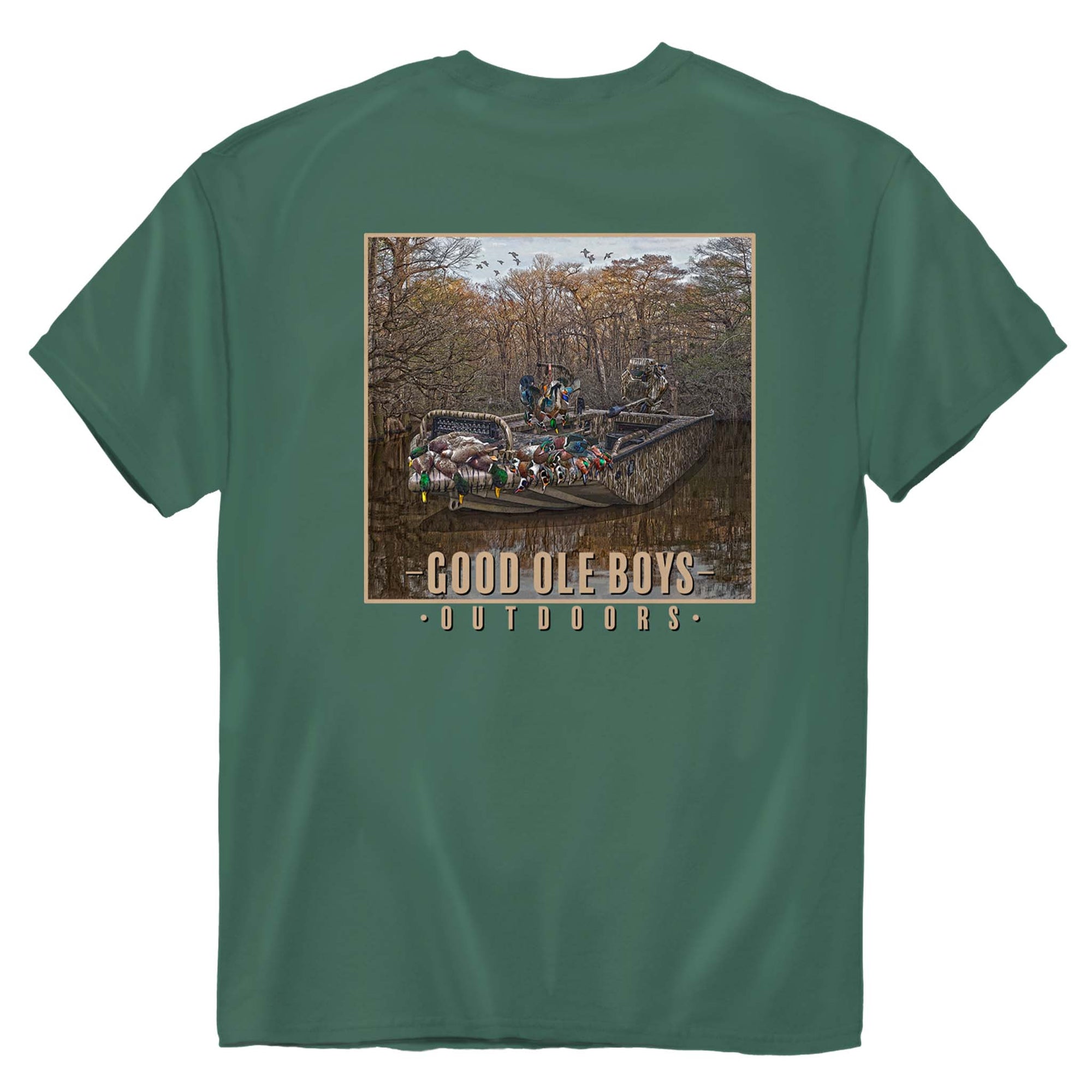 Good Ole Boys Outdoors green short sleeve t-shirt with a detailed graphic of hunters and ducks in a camo jon boat surrounded by trees and water.