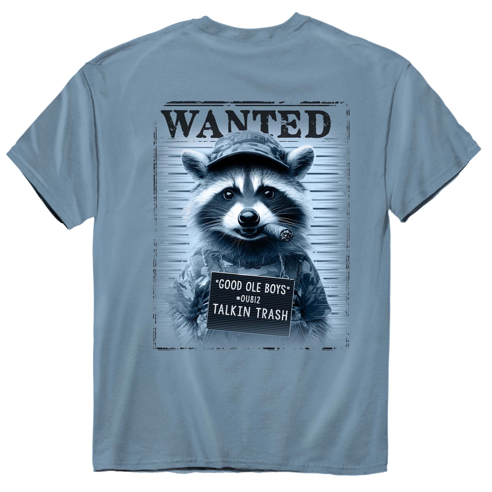 Blue t-shirt with a raccoon graphic and 'Wanted' text on a white background