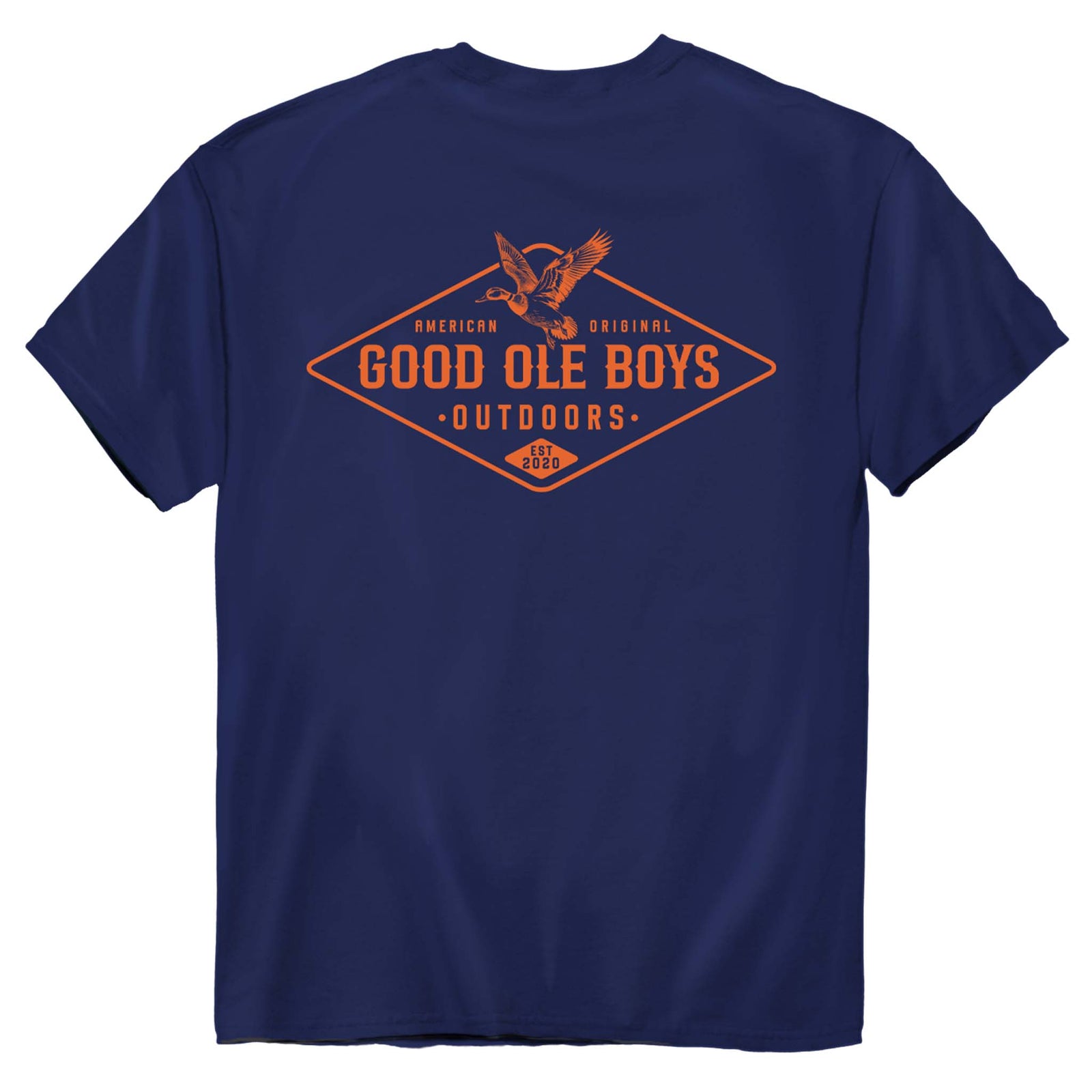 Good Ole Boys Outdoors Duck Diamond Short Sleeve T-Shirt, color blue, sizes S-XXXL, cotton fabric.  This classic t-shirt features the Good Ole Boys Outdoors logo inside a large diamond shape with a Mallard in flight on top, all printed in orange.
