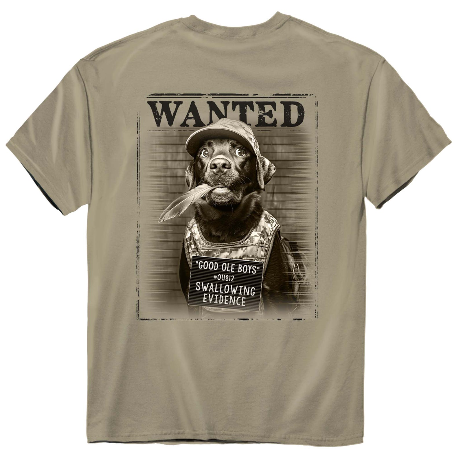 Beige t-shirt with a graphic of a dog in a 'Wanted' poster style design on a white background.