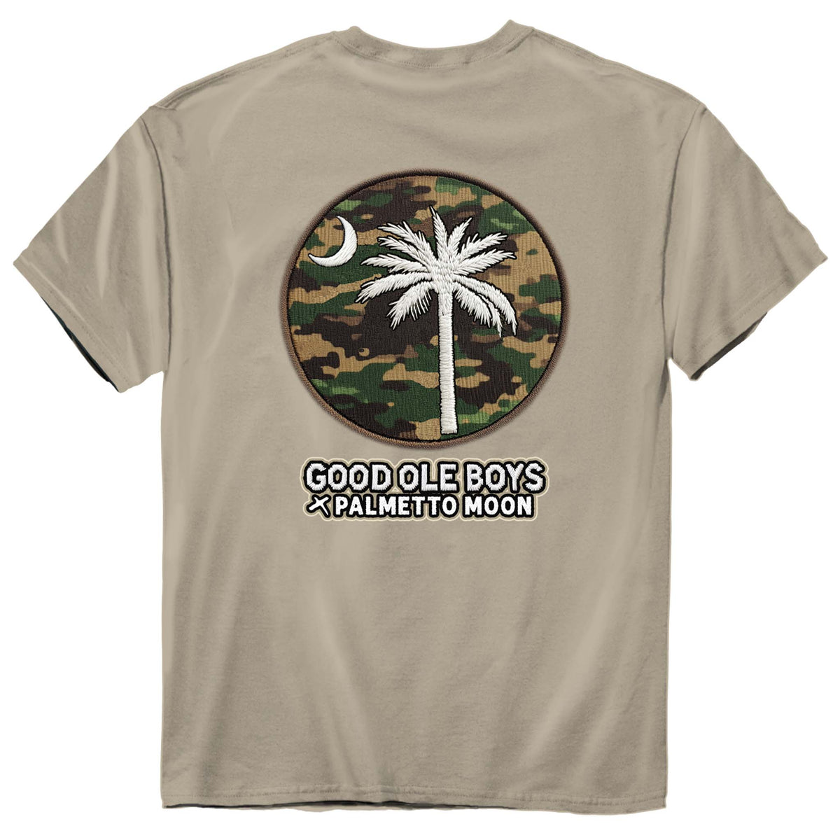 Good Ole Boys x Palmetto Moon sand short sleeve t-shirt featuring a camo circle patch with a white palmetto tree and crescent moon graphic.