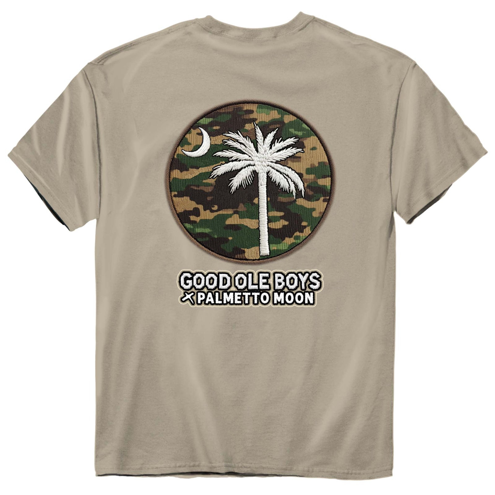 Good Ole Boys x Palmetto Moon sand short sleeve t-shirt featuring a camo circle patch with a white palmetto tree and crescent moon graphic.