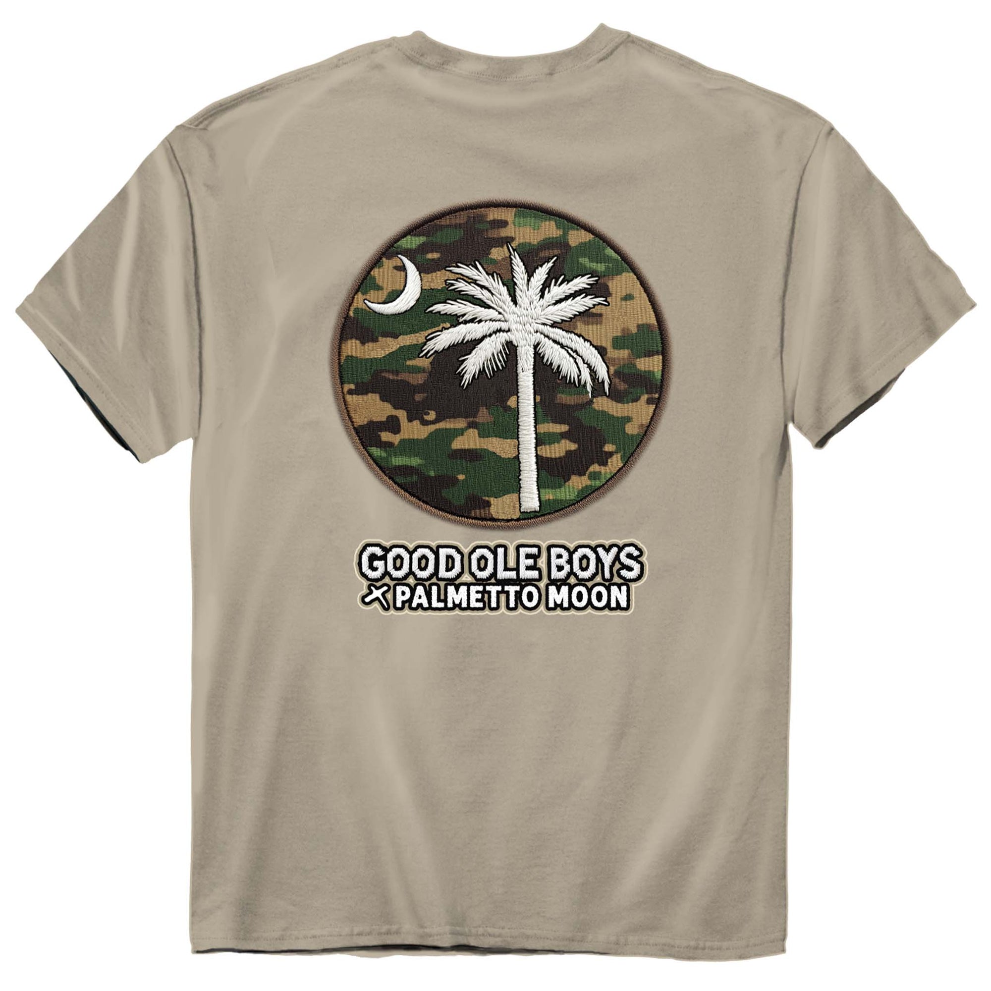 Good Ole Boys x Palmetto Moon sand short sleeve t-shirt featuring a camo circle patch with a white palmetto tree and crescent moon graphic.