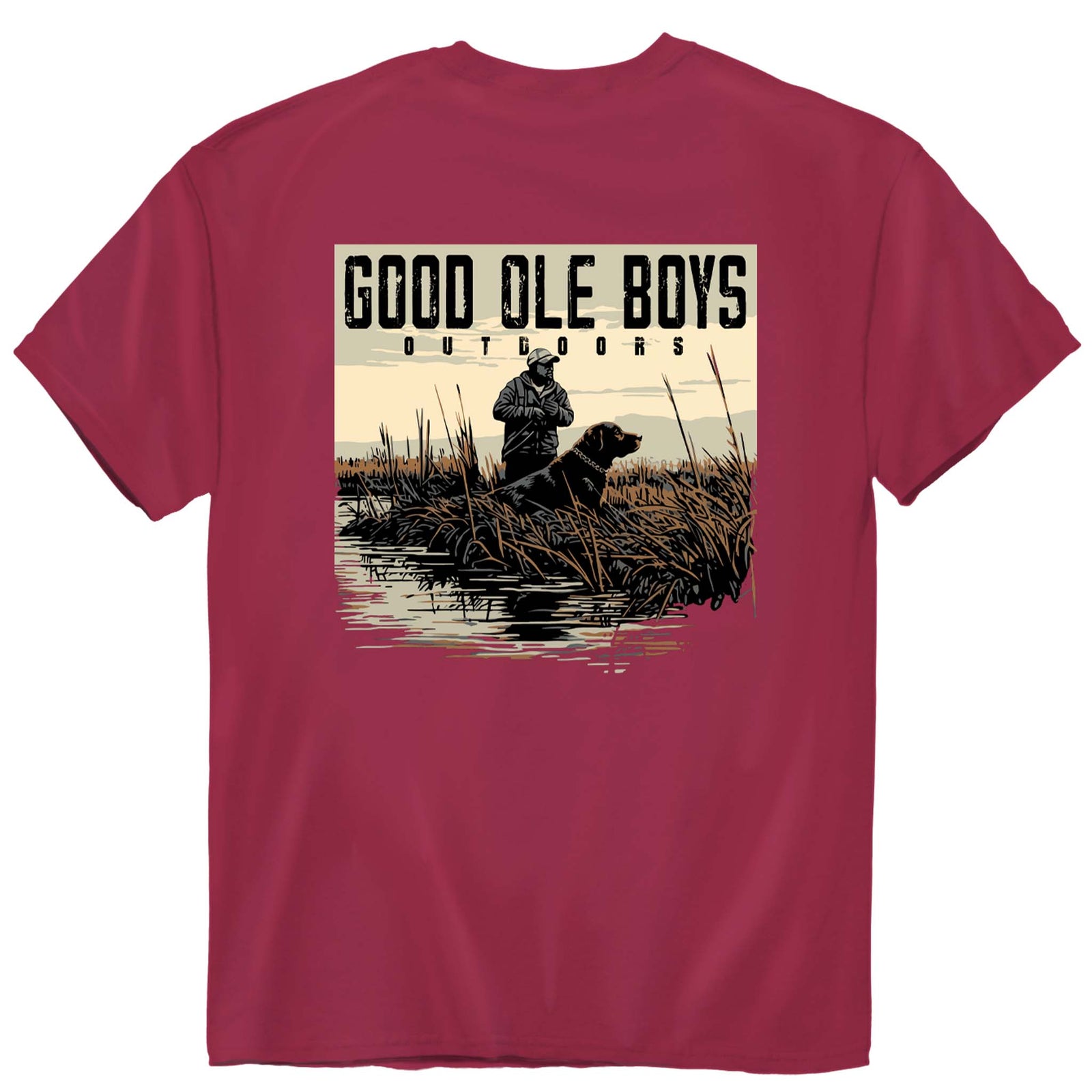 Good Ole Boys Outdoors brick red short sleeve t-shirt with a graphic of a hunter and dog standing in tall grass by the water at sunset.