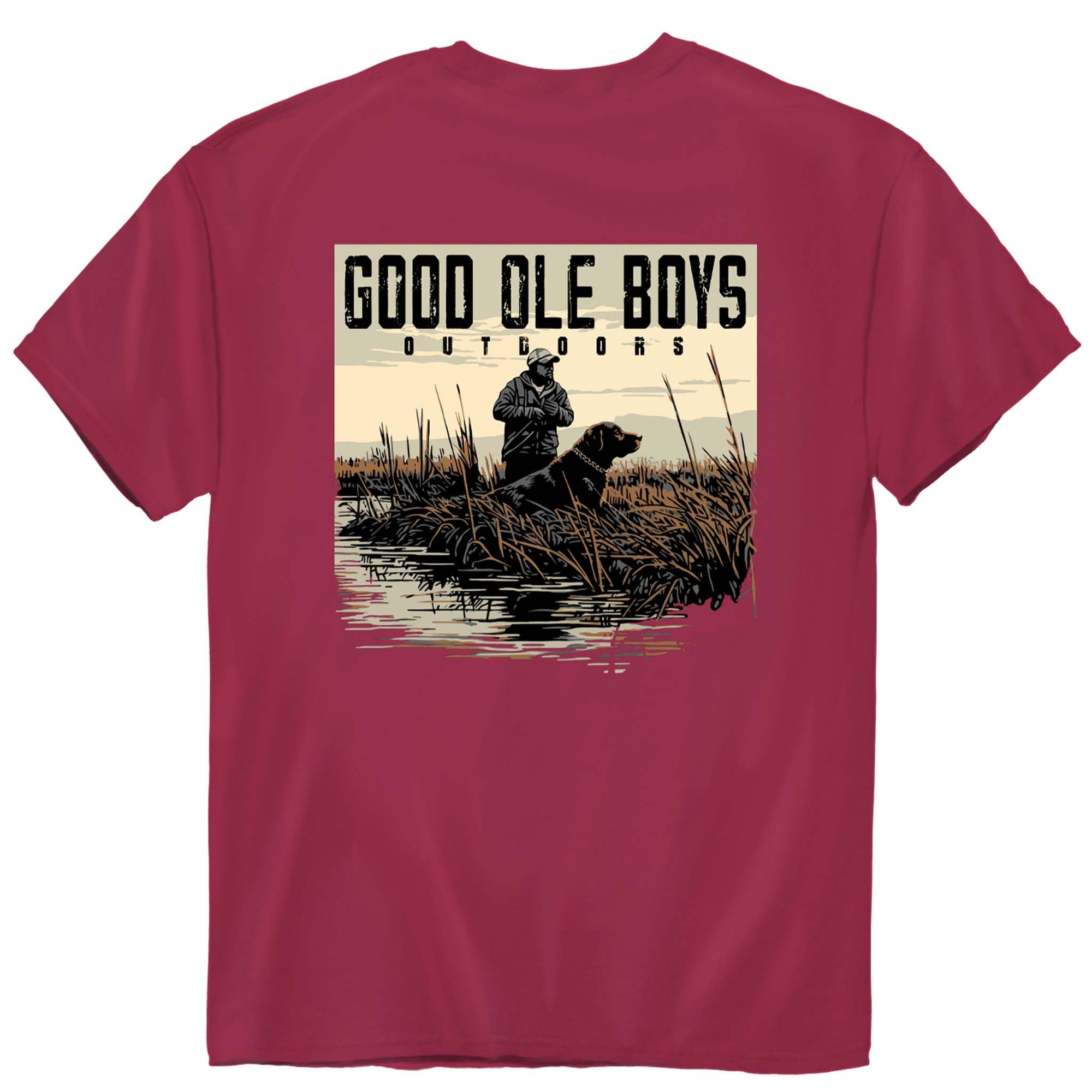 Good Ole Boys Outdoors brick red short sleeve t-shirt with a graphic of a hunter and dog standing in tall grass by the water at sunset.