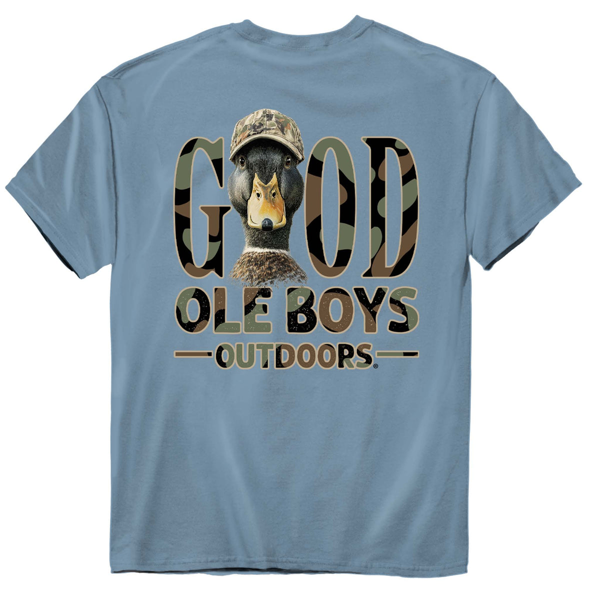 Ice blue short sleeve t-shirt with duck wearing camo hat and “Good Ole Boys Outdoors” camo graphic text on the back.