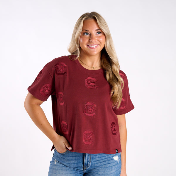 South Carolina Gamecocks Allover Logo Cropped T-Shirt