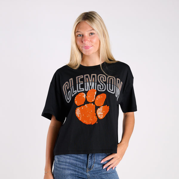Clemson Tigers Sequin Paw Cropped T-Shirt