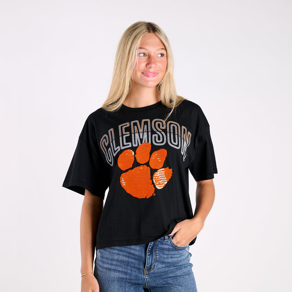 Clemson Tigers Sequin Paw Cropped T-Shirt