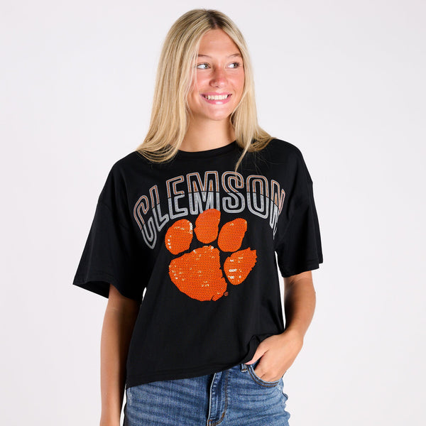 Clemson Tigers Sequin Paw Cropped T-Shirt