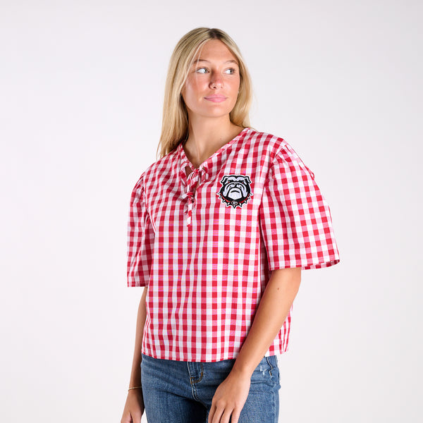 Georgia Bulldogs Gingham Puff Sleeve Top